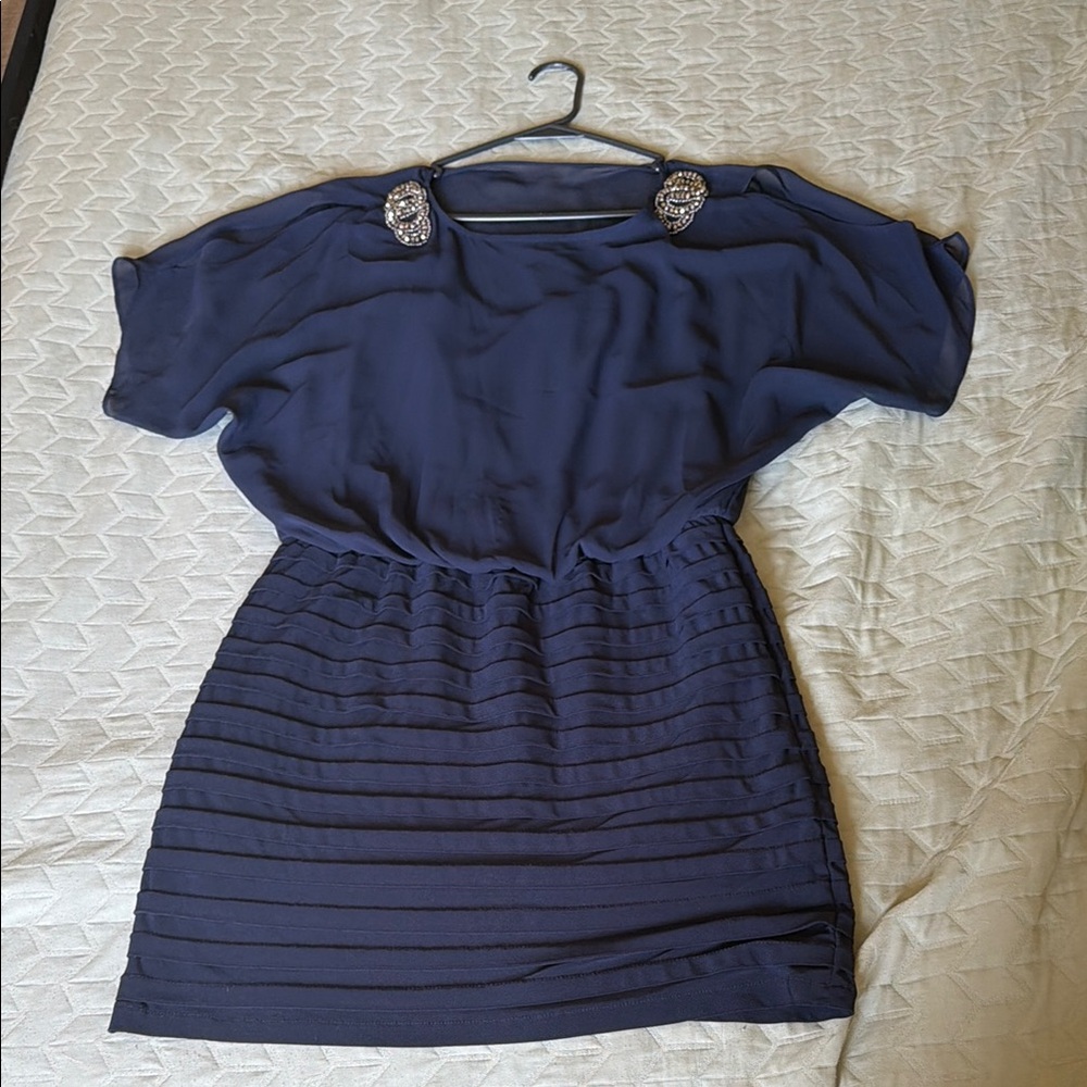 R&M Richards Navy Blue Jeweled Shoulder Mini Dress